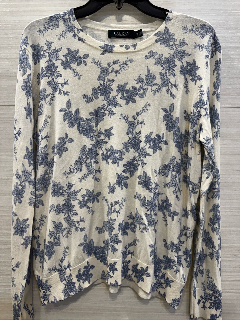 Ralph Lauren Cream Crewneck Sweater with Blue Floral Print Cotton size XL